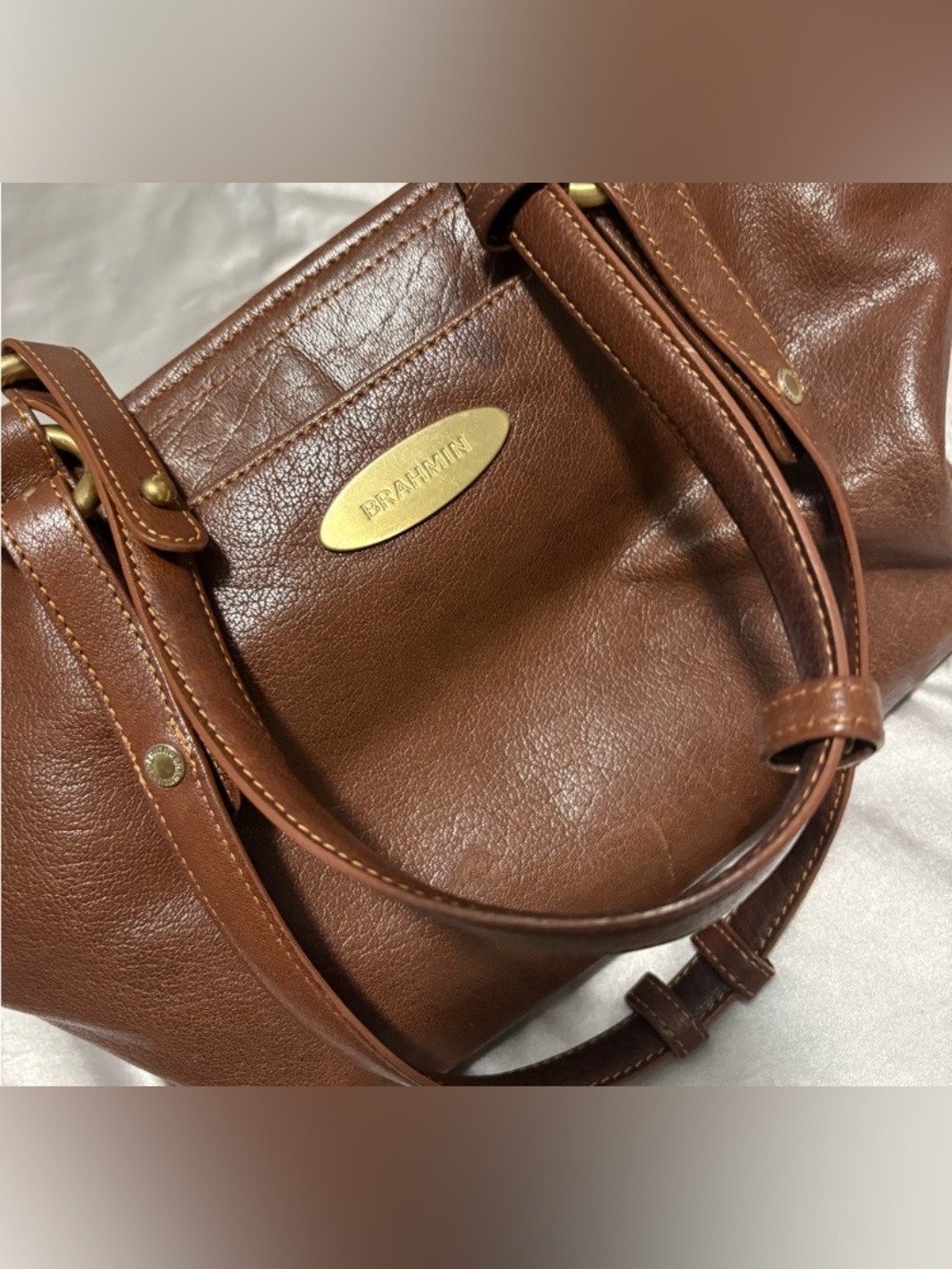 Brahmin Chestnut Brown Leather Tote with Gold Accents - Picture 2 of 4